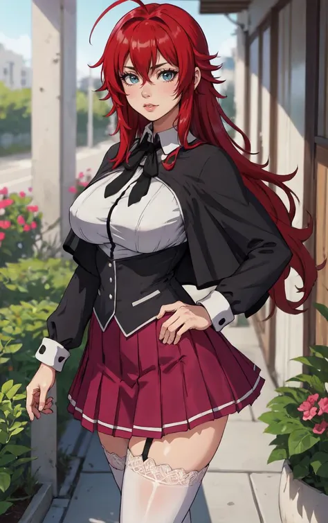 ((masterpiece, best quality)), insaneres, absurdres, solo, looking at viewer, 
ANIME_DxD_Rias_Gremory_ownwaifu, 
1girl, bangs, long hair, red hair, breasts, large breasts, rias gremory, blue eyes, hair between eyes, very long hair, collarbone, hair intakes,  hair over breasts, 
black capelet, black corset, collared shirt, kuoh academy school uniform, layered skirt, underbust, school uniform, skirt, shirt, long sleeves, purple skirt, ribbon, miniskirt, neck ribbon, thighhighs, black ribbon, 
(portrait, close-up)<lora:ANIME_DxD_Rias_Gremory_ownwaifu:0.8>,
 depth of field, vanishing point, garden, sidelighting,