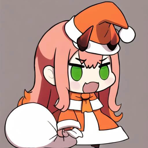 (masterpiece,best quality) , absurdres, (white background:1.1), (simple background:1.1), full body, Padoru_Meme, open mouth, zero two, green eyes, hairband, horns, long hair, oni horns, orange ascot, pink hair, red horns,