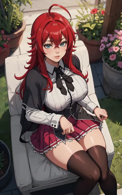 ((masterpiece, best quality)), insaneres, absurdres, solo, looking at viewer,
ANIME_DxD_Rias_Gremory_ownwaifu,
1girl, bangs, long hair, red hair, breasts, large breasts, rias gremory, blue eyes, hair between eyes, very long hair, collarbone, hair intakes, hair over breasts,
black capelet, black corset, collared shirt, kuoh academy school uniform, layered skirt, underbust, school uniform, skirt, shirt, long sleeves, purple skirt, ribbon, miniskirt, neck ribbon, thighhighs, black ribbon,
(from above, sitting)<lora:ANIME_DxD_Rias_Gremory_ownwaifu:0.9>,
depth of field, vanishing point, garden, sidelighting,