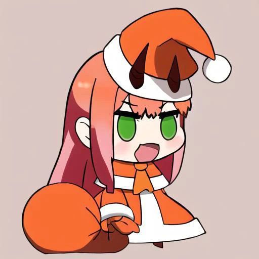 (masterpiece,best quality) , absurdres, (white background:1.2), (simple background:1.1), full body, Padoru_Meme, open mouth, zero two, green eyes, horns, long hair, oni horns, orange ascot, (pink hair:1.1), red horns,