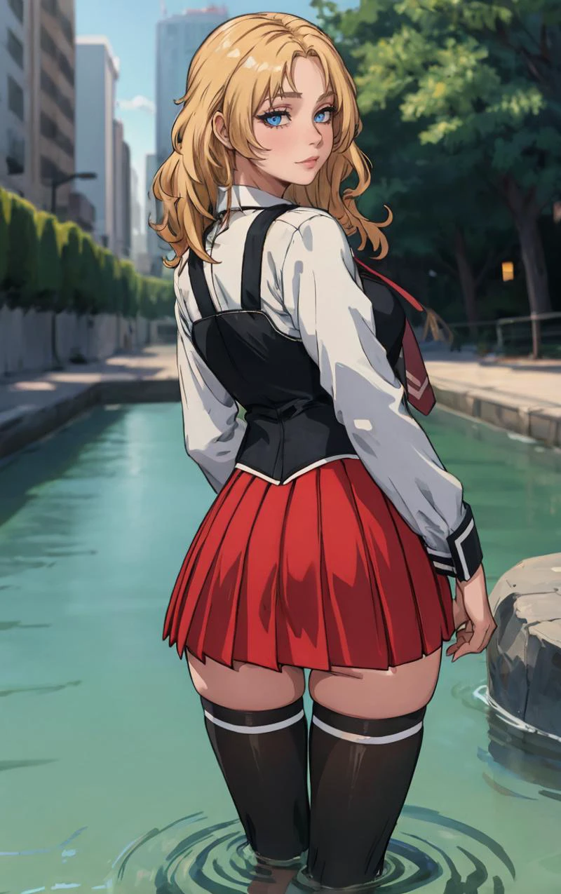 ((masterpiece, best quality)), insaneres, absurdres, solo, outdoors,
CLOTHING_BibleBlack_SchoolDress_ownwaifu,
1girl, blonde hair, long hair, blue eyes,
black vest, red skirt, white shirt, collared shirt, suspenders, school uniform, black thighhighs, zettai ryouiki, necktie, long sleeves, pleated skirt, red necktie,
(wading, looking back), water,<lora:CLOTHING_BibleBlack_SchoolDress_ownwaifu:0.75>,
lens flare, depth of field, bokeh, embers, vanishing point, looking at viewer,