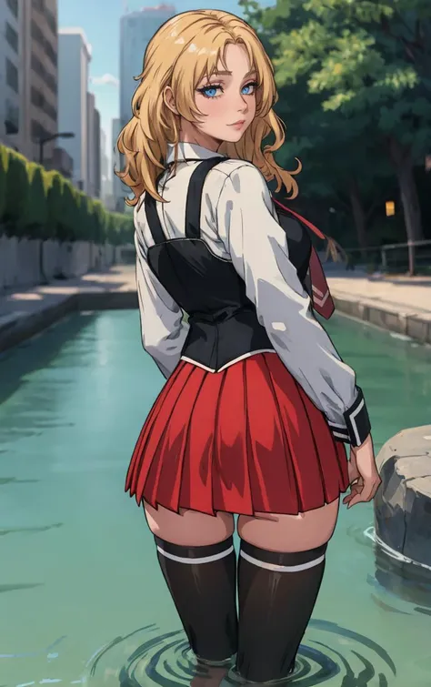 ((masterpiece, best quality)), insaneres, absurdres, solo, outdoors,
CLOTHING_BibleBlack_SchoolDress_ownwaifu, 
1girl, blonde hair,  long hair, blue eyes, 
black vest, red skirt, white shirt, collared shirt, suspenders, school uniform, black thighhighs, zettai ryouiki, necktie, long sleeves, pleated skirt, red necktie, 
(wading, looking back), water,<lora:CLOTHING_BibleBlack_SchoolDress_ownwaifu:0.75>,
lens flare, depth of field, bokeh, embers, vanishing point, looking at viewer,