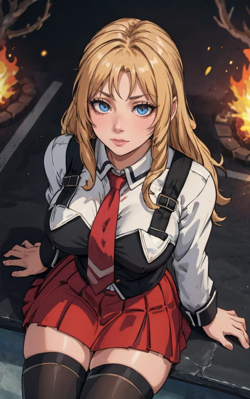 ((masterpiece, best quality)), insaneres, absurdres, solo, outdoors,
CLOTHING_BibleBlack_SchoolDress_ownwaifu,
1girl, blonde hair, long hair, blue eyes,
black vest, red skirt, white shirt, collared shirt, suspenders, school uniform, black thighhighs, zettai ryouiki, necktie, long sleeves, pleated skirt, red necktie,
(from above, sitting)<lora:CLOTHING_BibleBlack_SchoolDress_ownwaifu:0.9>,
lens flare, depth of field, bokeh, embers, vanishing point, looking at viewer,