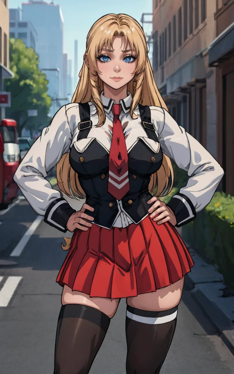 ((masterpiece, best quality)), insaneres, absurdres, solo, outdoors,
CLOTHING_BibleBlack_SchoolDress_ownwaifu,
1girl, blonde hair, long hair, blue eyes,
black vest, red skirt, white shirt, collared shirt, suspenders, school uniform, black thighhighs, zettai ryouiki, necktie, long sleeves, pleated skirt, red necktie,
(contrapposto, hand on hip)<lora:CLOTHING_BibleBlack_SchoolDress_ownwaifu:1>,
lens flare, depth of field, bokeh, embers, vanishing point, looking at viewer,