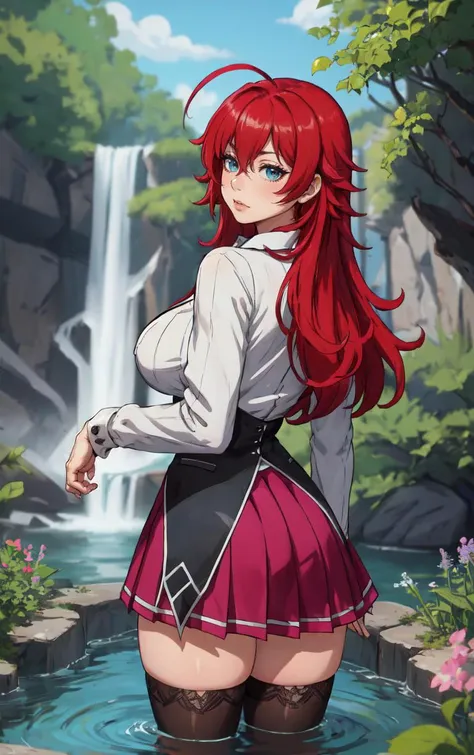 ((masterpiece, best quality)), insaneres, absurdres, solo, looking at viewer, 
ANIME_DxD_Rias_Gremory_ownwaifu, 
1girl, bangs, long hair, red hair, breasts, large breasts, rias gremory, blue eyes, hair between eyes, very long hair, collarbone, hair intakes,  hair over breasts, 
black capelet, black corset, collared shirt, kuoh academy school uniform, layered skirt, underbust, school uniform, skirt, shirt, long sleeves, purple skirt, ribbon, miniskirt, neck ribbon, thighhighs, black ribbon, 
(wading, looking back), waterfall, <lora:ANIME_DxD_Rias_Gremory_ownwaifu:0.75>,
 depth of field, vanishing point, garden, sidelighting,