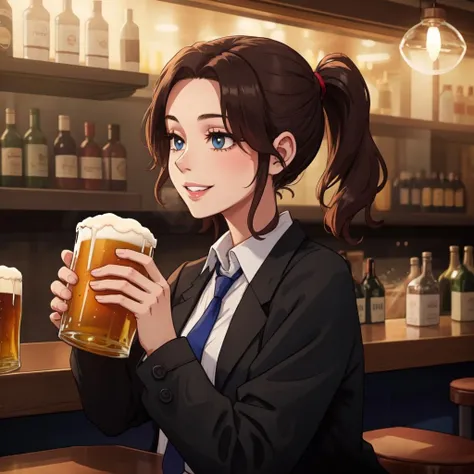 young woman at a bar drinking beer, white collared shirt, loose tie, black jacket, messy ponytails, side locks, smile, parted lips