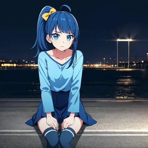 (masterpiece), (best quality), <lora:SoraHarewataru_v01:0.7>, 1girl, solo, soraharewataru, ahoge, blue_eyes, blue_hair, blue_shirt, blue_skirt, blue_thighhighs, blunt_bangs, collarbone, hair_bow, yellow_bow, long_sleeves, medium_hair, side_ponytail, small_breasts, sneakers_, striped_shirt, zettai_ryouiki, photorealistic, dark background, night, outdoors