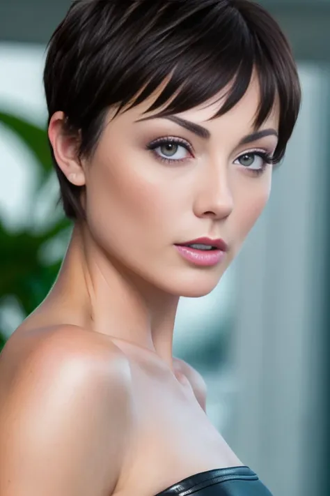 A full-length professional photograph of a tall skinny supermodel ZOE_VOSS3:1 wearing a leather jacket and lycra shorts. shirtless. very short hair, pixie haircut. heavy makeup, blusher, detailed face, detailed teeth, eye contact. (8k, RAW photo, best quality, masterpiece:1.2), (realistic, photorealistic:1.37), best quality, hyper detailed, highres, 1girl. ((depth of field)). bokeh:1.3. ((Female focus)). warm lighting, RAW photo.