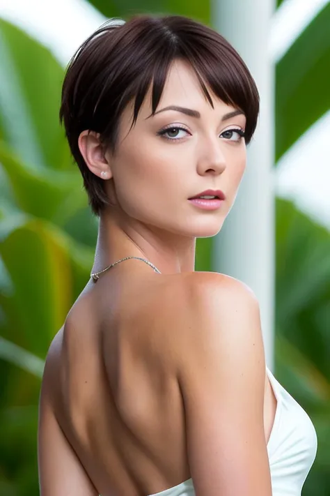 A full-length professional photograph of a tall skinny supermodel ZOE_VOSS3:1 wearing a white microkini. Tropical beach at sunset. very short hair, pixie haircut. heavy makeup, blusher, detailed face, detailed teeth, eye contact. (8k, RAW photo, best quality, masterpiece:1.2), (realistic, photorealistic:1.37), best quality, hyper detailed, highres, 1girl. ((depth of field)). bokeh:1.3. ((Female focus)). warm lighting, RAW photo.