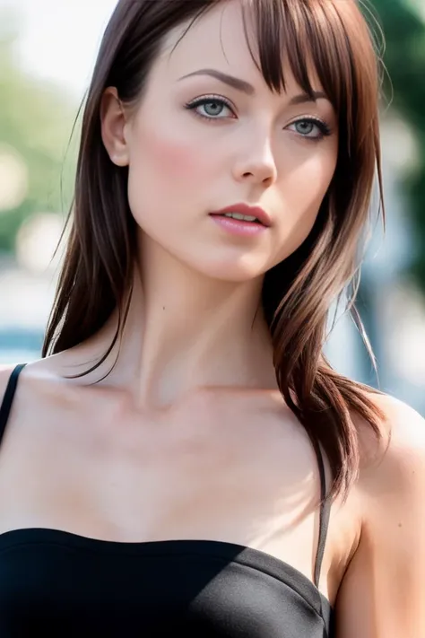 A professional photograph of a tall skinny supermodel ZOE_VOSS3:1 wearing a black dress in a street. very short hair, heavy makeup, blusher, detailed face, detailed teeth, eye contact. (8k, RAW photo, best quality, masterpiece:1.2), (realistic, photorealistic:1.37), best quality, hyper detailed, highres, 1girl. ((depth of field)). bokeh:1.3. ((Female focus)). warm lighting, RAW photo.