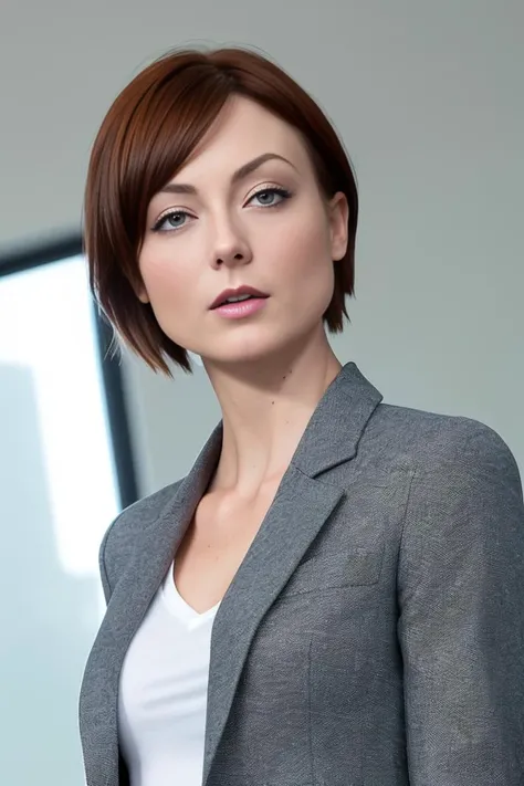 A professional photograph of a tall skinny supermodel ZOE_VOSS3:1 wearing a suit jacket in a modern office. very short hair, heavy makeup, blusher, detailed face, detailed teeth, eye contact. (8k, RAW photo, best quality, masterpiece:1.2), (realistic, photorealistic:1.37), best quality, hyper detailed, highres, 1girl. ((depth of field)). bokeh:1.3. ((Female focus)). warm lighting, RAW photo.