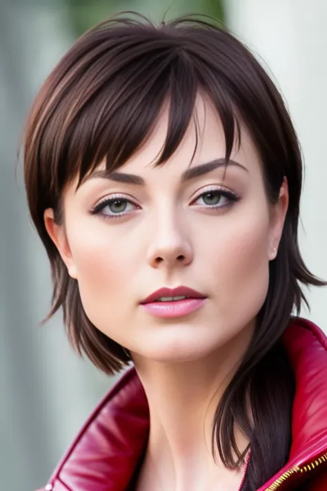 A full-length professional photograph of a tall skinny supermodel ZOE_VOSS3:1 wearing a leather jacket and lycra shorts. shirtless. very short hair, pixie haircut. heavy makeup, blusher, detailed face, detailed teeth, eye contact. (8k, RAW photo, best quality, masterpiece:1.2), (realistic, photorealistic:1.37), best quality, hyper detailed, highres, 1girl. ((depth of field)). bokeh:1.3. ((Female focus)). warm lighting, RAW photo.