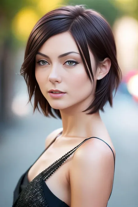 A professional photograph of a tall skinny:1.4 ZOE_VOSS1:1.1 wearing a black dress in a street. very short hair, heavy makeup. blusher. ((detailed face)), detailed teeth, eye contact. sharp features. (((high cheekbones))). slim:1.3, skinny:1.4, (8k, RAW photo, best quality, masterpiece:1.2), (realistic, photorealistic:1.37), best quality, hyper detailed, highres, 1girl. ((depth of field)). bokeh:1.3. ((Female focus)). warm lighting, RAW photo. fashion photoshoot.