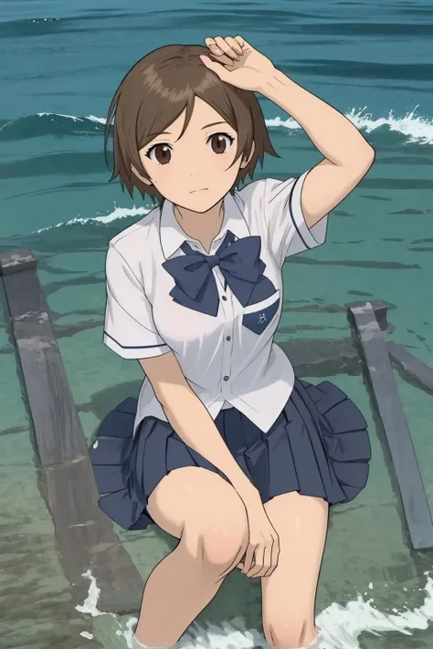 kasahara,1girl, masterpiece, best quality, school uniform, over the sea, in spring <lora:kasahara:1>