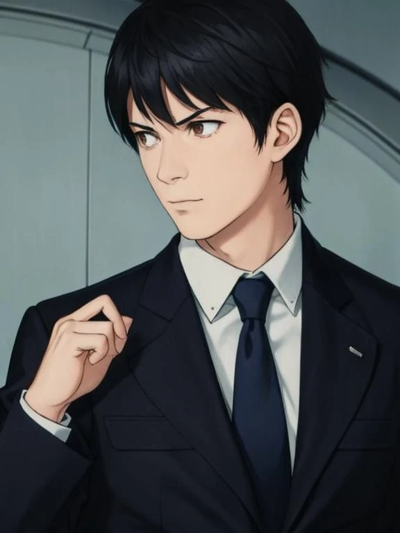 1male,gangtian,2d,black short hair ,black suit, masterpiece, best quality, <lora:gangtian-000008:0.8>