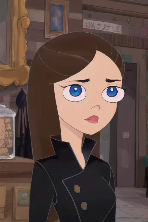 (8k, RAW photo, best quality, masterpiece:1.2), (intricate details), (best quality), (highres), ((perfect eyes)), perfect face, perfect lighting, vivid colors, intense colors, 1girl, cartoon style, vanessadoof, brown hair, blue eyes, serious face, black clothes, <lora:vanessadoof:0.85>