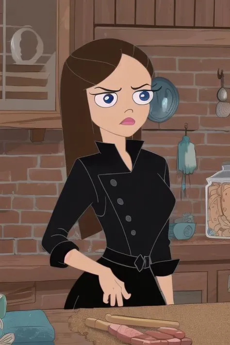 (8k, RAW photo, best quality, masterpiece:1.2), (intricate details), (best quality), (highres), ((perfect eyes)), perfect face, perfect lighting, vivid colors, intense colors, 1girl, cartoon style, vanessadoof, brown hair, blue eyes, serious face, black clothes, <lora:vanessadoof:0.85>