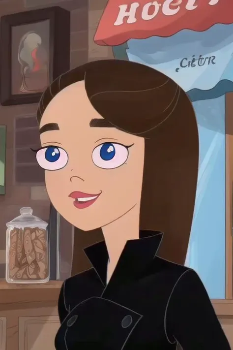 (8k, RAW photo, best quality, masterpiece:1.2), (intricate details), (best quality), (highres), perfect eyes, perfect face, perfect lighting, vivid colors, intense colors, 1girl, cartoon style, vanessadoof, brown hair, blue eyes, happy face, black clothes, <lora:vanessadoof:0.85>