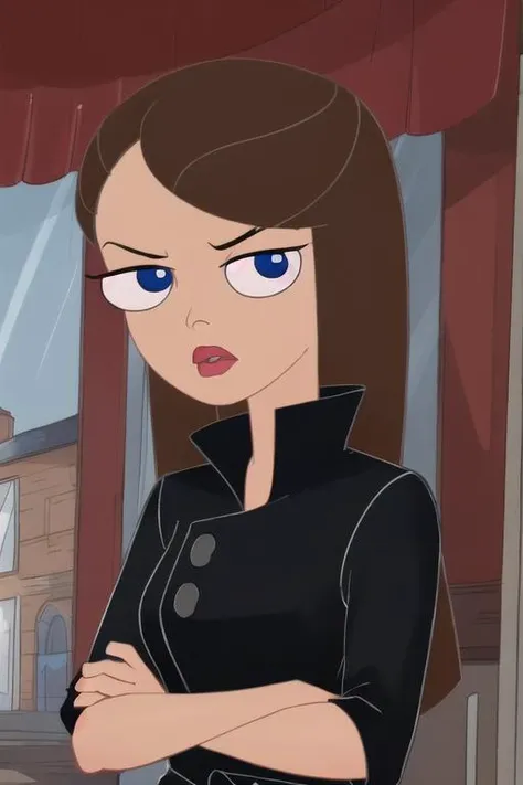 (8k, RAW photo, best quality, masterpiece:1.2), (intricate details), perfect eyes, perfect face, perfect lighting, beautiful, (masterpiece:1.2), (best quality:1.2), 1girl, solo, vanessadhz, black clothes, brown hair, blue eyes, angry face, full body portrait, <lora:vanessadhz:0.85>