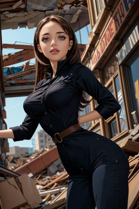 (ultra realistic,32k, masterpiece:1.2),(high detailed skin:1.1),( high quality:1.1),
<lora:vanessadoof:0.5>vanessadoof,happy, brown hair, blue eyes, black clothes, A cramped space with a lot of rubble and little space to move around blurry background,, huge breast,large breast,(looking at viewer, standing, from below:1.1),, <lora:add_detail:0.92>,
(refraction:1.1),