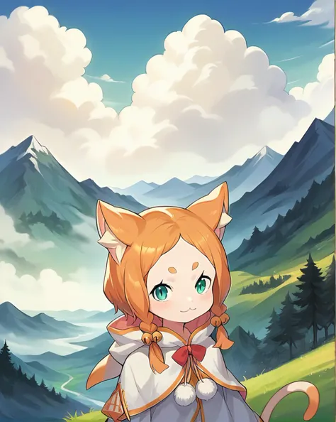 score_9, score_8_up, score_7_up, source_anime, masterpiece, 1girl, mimipearl, petite, white robe, hooded capelet, sleeves past wrists, tail, pom pom \(clothes\), <lora:MimiPONYXLctian:0.8>, sky, cloud, scenery, forest, mountain, looking at viewer,  (foreshortening), portrait