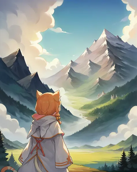 score_9, score_8_up, score_7_up, source_anime, masterpiece, 1girl, mimipearl, petite, white robe, hooded capelet, sleeves past wrists, tail, pom pom \(clothes\), <lora:MimiPONYXLctian:0.8>, sky, cloud, scenery, forest, facing away, mountain, from behind, hood down