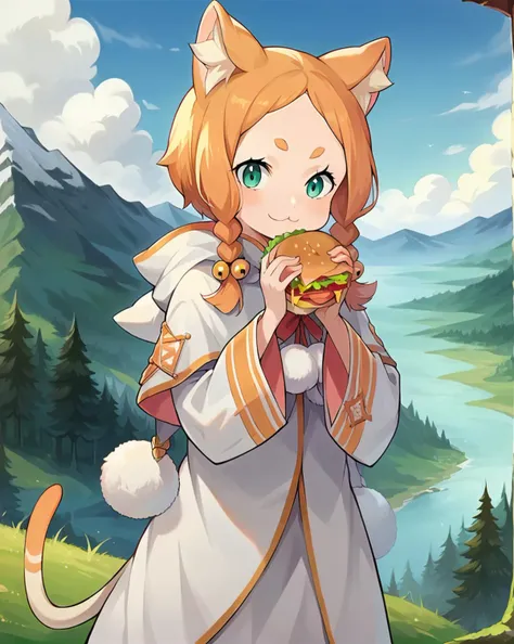 score_9, score_8_up, score_7_up, source_anime, masterpiece, 1girl, mimipearl, petite, white robe, hooded capelet, sleeves past wrists, tail, pom pom \(clothes\), <lora:MimiPONYXLctian:0.8>, sky, cloud, scenery, forest, mountain, looking at viewer, holding burger, (foreshortening),