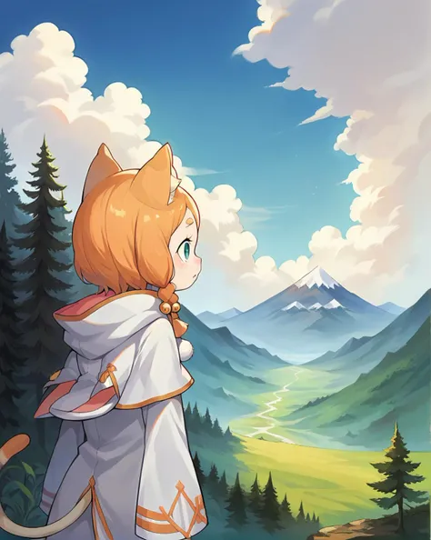 score_9, score_8_up, score_7_up, source_anime, masterpiece, 1girl, mimipearl, petite, white robe, hooded capelet, sleeves past wrists, tail, pom pom pom \(clothes\), <lora:MimiPONYXLctian:0.8>, sky, cloud, scenery, forest, mountain, from side