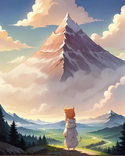 score_9, score_8_up, score_7_up, source_anime, masterpiece, 1girl, mimipearl, petite, white robe, hooded capelet, sleeves past wrists, tail, <lora:MimiPONYXLctian:0.8>, sky, cloud, scenery, forest, facing away, mountain, from behind,