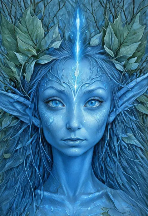 A highly detailed fantasy portrait painting of a mystical being with elfin features. The being has pointed ears, blue glowing eyes, and a serene yet mysterious expression. Its hair and surroundings blend seamlessly with natural elements like leaves and branches. The color palette is predominantly cool tones, with shades of blue and gray. The overall style is reminiscent of a fantasy sketchbook illustration, with intricate shading and a sense of ethereal beauty. <lora:Froud-000006:1>, <lora:Perfect Hands:0.8>