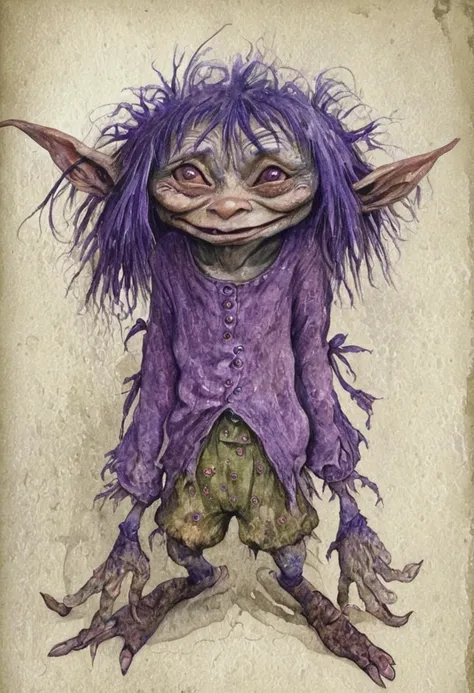 A highly detailed watercolor painting of a fantasy creature, resembling a goblin with exaggerated features such as large eyes, long fingers, and a scruffy appearance. The creature has a mischievous expression and wild, purple-tinted hair. It is wearing tattered clothes and is set against a textured, mystical background. The overall style should be reminiscent of a sketchbook illustration with a whimsical, slightly eerie atmosphere. <lora:Froud-000006:1>, <lora:Perfect Hands:0.5>