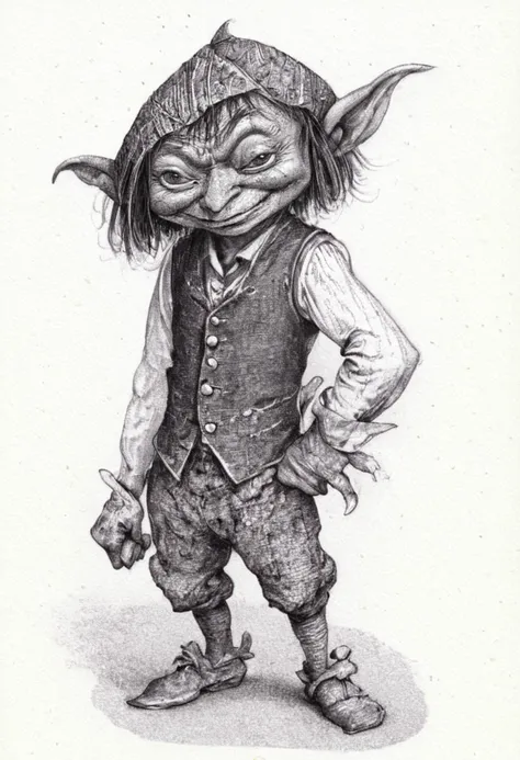 A detailed graphite illustration of a goblin with a quirky and playful appearance. The goblin has a large head with exaggerated features, such as one large and one small eye, pointy ears, and a long nose. It stands upright dressed in a torn waistcoat. The background is a simple white, emphasizing the character's details. The illustration style is light-hearted and cartoonish. <lora:Froud-000006:1>, <lora:Perfect Hands:0.8>