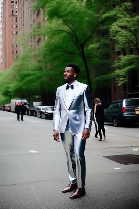 photorealistic, style, photography, beautiful standing man (((full body))) in in shiny silver suit in New York City, vertical aspect ratio