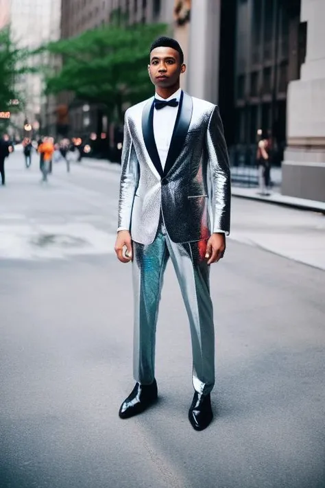 photorealistic, style, photography, beautiful standing man (((full body))) in in shiny silver suit in New York City, vertical aspect ratio