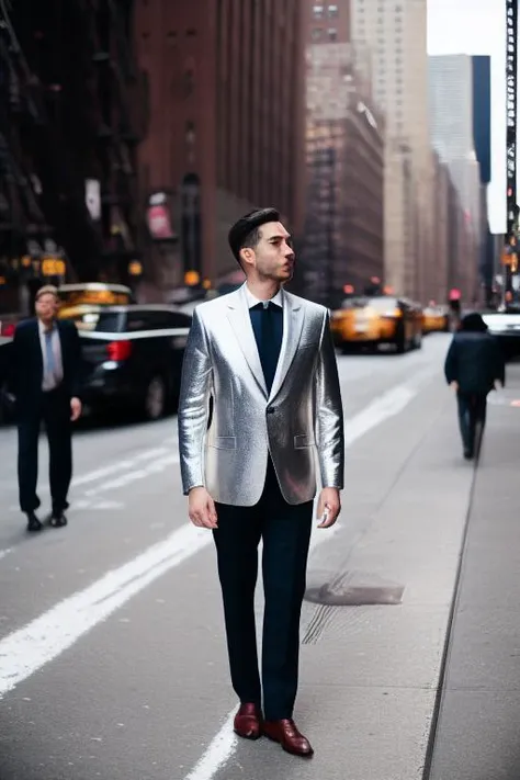 photorealistic, style, photography, beautiful standing man (((full body))) in in shiny silver suit in New York City, vertical aspect ratio