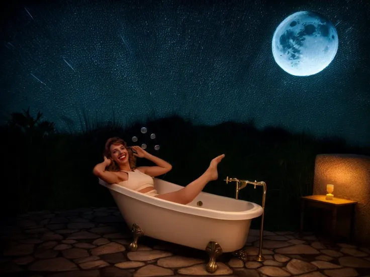 cinematic film still beautiful woman splashing bubbles in a bathtub at night with a full moon in the background and stars in the sky, Adam Rex, cinematic matte painting, a matte painting, photorealism, <lora:add_detail:0.5> . award-winning, professional, highly detailed, volumetric lighting, fog, mist, highly detailed, 8k, un-real engine . shallow depth of field, vignette, highly detailed, high budget, bokeh, cinemascope, moody, epic, gorgeous, film grain, grainy