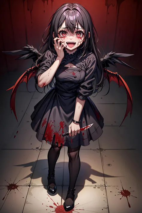 (masterpiece, top quality, best quality, official art, beautiful and aesthetic:1.2), night, dark, angry, school, streaked multicolored hair, blood splatter, blood on clothes and face, knife, horror, messy hair, (pain:1.2), (bloody tears:1.3) <lora:more_details:0.4> <lora:yameroyandere-v2:0.7> crazy smile, crazy eyes, shaded face,yandere, <lora:screaming:0.8> open_mouth, evil, scream, possessed by the devil, constricted pupils, full body, standing,