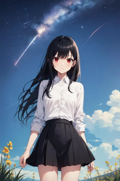 (masterpiece:1.2),best quality,extremely detailed,
BREAK
cute girl,solo,shiny skin,small breasts,very long hair,
detailed eyes,perfect anatomy,
cute eyes,(red eyes:1.3),(black hair:1.4),
BREAK
casual wear,white shirt,black skirt,
BREAK
meadow,galaxy sky,shooting star,at night,
BREAK
character focus,
BREAK
