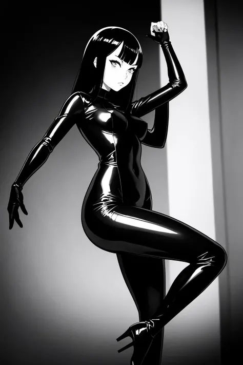 beautiful english woman spy. catsuit, boots, 1960s. kung fu. flick up dark hair, demure, slim, petite. monochrome, photographed with a 35mm film camera, film grain, 18mm focal length