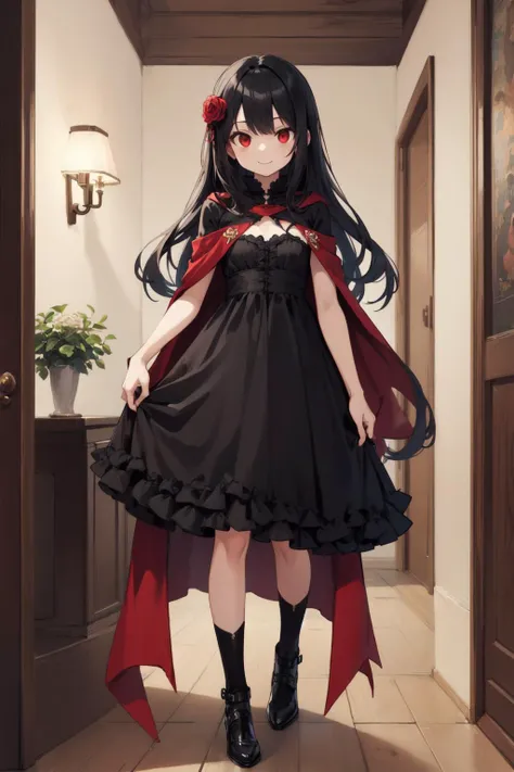 (masterpiece:1.2),best quality,extremely detailed,
BREAK
cute girl,petite girl,solo,shiny skin,small breasts,very long hair,
detailed eyes,perfect anatomy,
cute eyes,(red eyes:1.3),(black hair:1.4),vampire girl,smile,
BREAK
black dress,magical cloak,skirt frills,
BREAK
indoors,luxury home style,red rose,
BREAK
character focus,full body,dark theme,at night,night,
BREAK