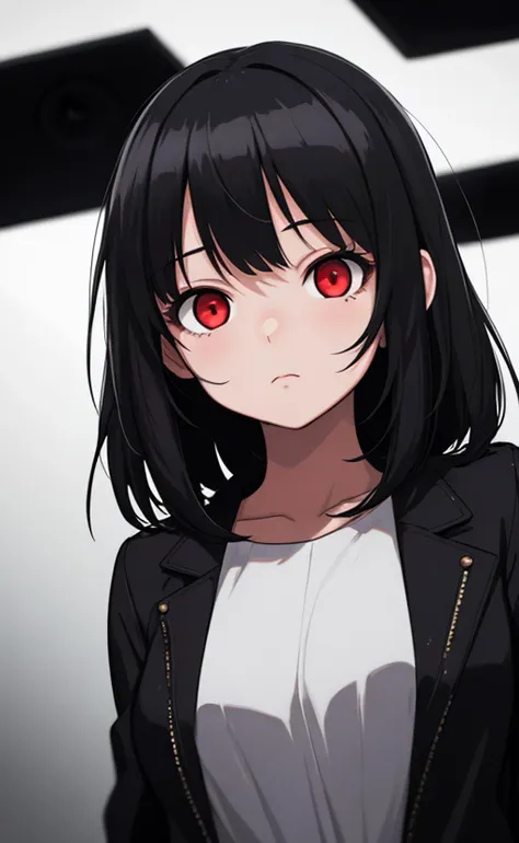 dark, cinematic lighting, 1girl, cute, medium black hair, red eyes, looking at viewer, low angle