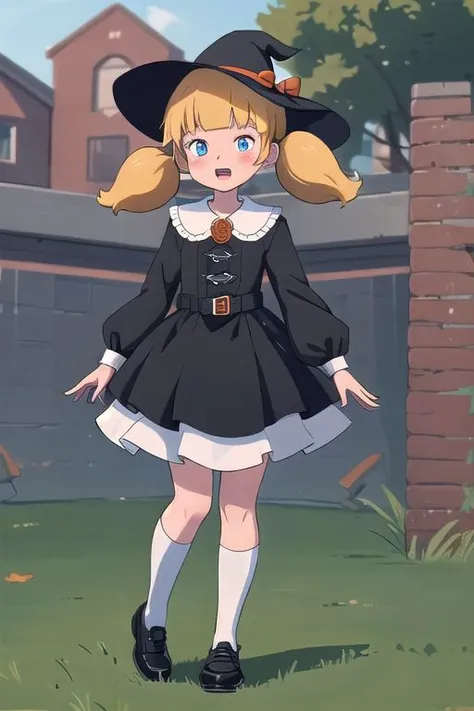 <lora:Penny:1.5>, <lora:Function_Better.Hands:1>, <lora:Function_Better.Feet:0.8>,
masterpiece, best quality, 1girl, penny, blonde hair, twintails, blunt bangs, blue eyes, (wristwatch:0.6), full body,
black witch costume, hat, (smile:0.5), BREAK Halloween, haunted house, black shoes, white socks, jack o lantern, black cat, outside,