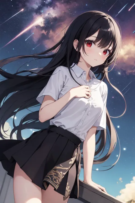 (masterpiece:1.2),best quality,extremely detailed,
BREAK
cute girl,solo,shiny skin,small breasts,very long hair,
detailed eyes,perfect anatomy,
cute eyes,(red eyes:1.3),(black hair:1.4),
BREAK
casual wear,white shirt,black skirt,
BREAK
meadow,galaxy sky,shooting star,at night,
BREAK
character focus,
BREAK