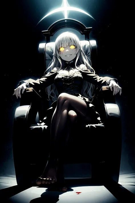 thick outlines, comic, masterpiece, best quality, 1girl, crazy eyes, evil smile, yandere, blood splatter, shiny skin, glowing eyes, yellow eyes, long wavy silver hair, sitting, victorian chair, black asymmetrical clothing, black pantyhose, foot focus, cinematic lighting, dramatic shadows, dynamic pose, dynamic angle,