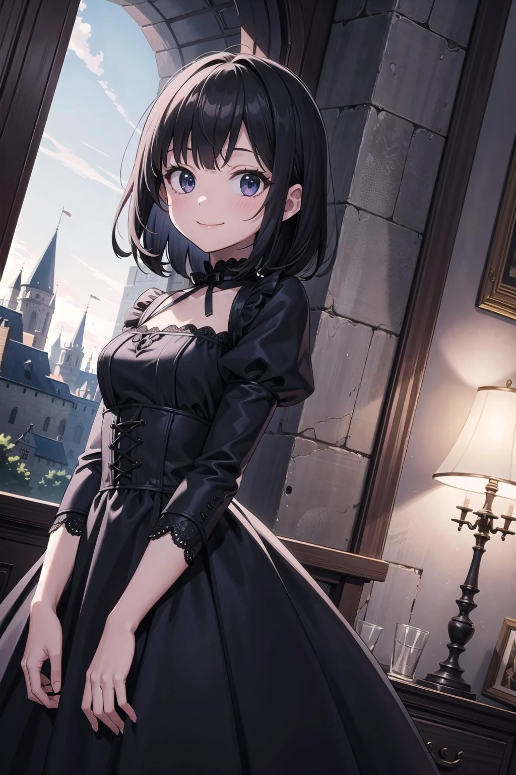 (masterpiece), indoors, castle, night, gothic, 1girl, black hair, medium hair, black dress, smile, dutch angle