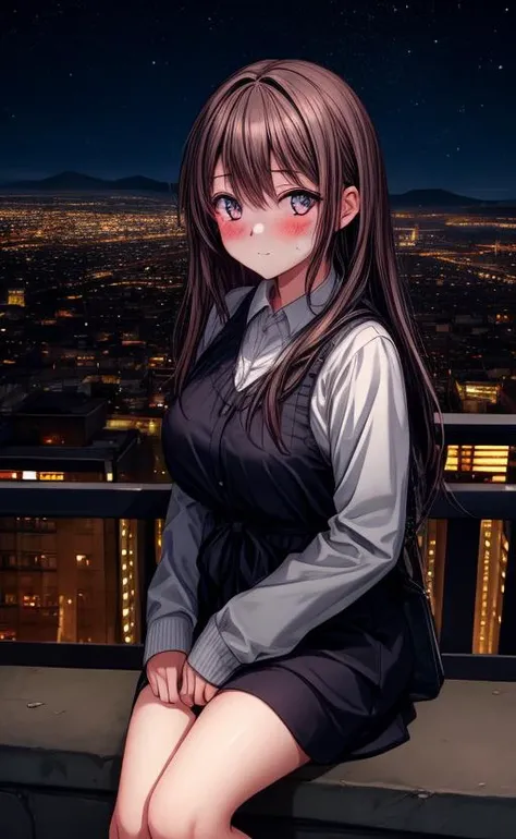 cinematic lighting, outdoor, night, city, 1girl, blush, looking at viewer