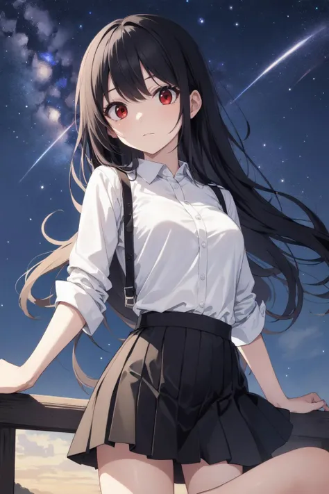 (masterpiece:1.2),best quality,extremely detailed,
BREAK
cute girl,solo,shiny skin,small breasts,very long hair,
detailed eyes,perfect anatomy,
cute eyes,(red eyes:1.3),(black hair:1.4),
BREAK
casual wear,white shirt,black skirt,
BREAK
meadow,galaxy sky,shooting star,at night,
BREAK
character focus,
BREAK