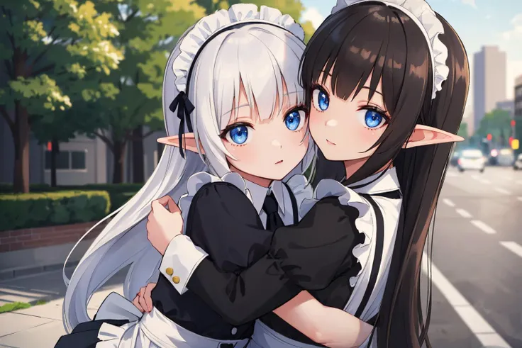 (masterpiece, best quality,  best lighting, very detailed background, detailed  face,  extremely detailed CG unity 8k wallpaper,  highres, detailed beautiful eyes), (photorealistic:1), (ultra-realistic:1),
dynamic angle, (2girls hug each other), elf girls, shiny skin, (upper body),  
long hair, black hair, maid, miniskirt, white thighhighs, 
outdoors,  daylight,  cityscape,