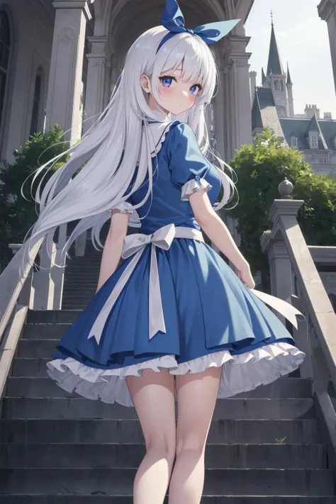 masterpiece, best quality, ultra detailed, highres, extremely detailed CG unity 8k wallpaper, perfect lighting, 1girl, very detailed background, beautiful and aesthetic,
twilight, looking back on the pedestrian bridge step , from behind, from below,
long hair, alice in wonderland, blue dress,pumps, white hair, dark persona, full-face blush,