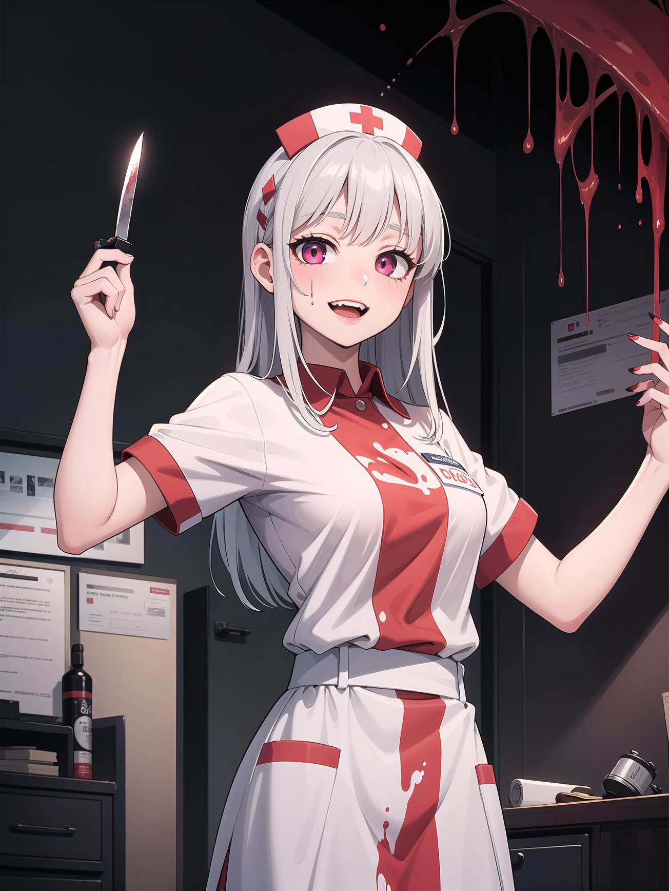 (masterpiece, top quality, best quality, official art, beautiful and aesthetic:1.2),psychotic nurse, psychopath yandere,psycho smile , blood splatter, hospital, knife, crazy eyes,crazy smile, dark atmosphere, horror,